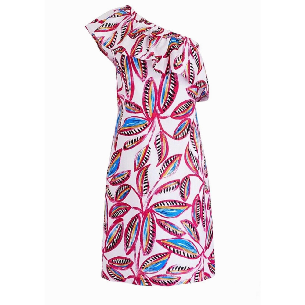 J Crew Tropical Floral One Shoulder Ruffle Linen Blend Shift Dress size …